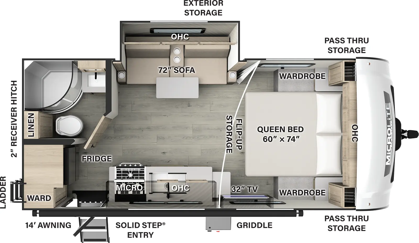 The Flagstaff Micro Lite 21FBRS has one entry and one slide out. Exterior features include: fiberglass exterior and 14' awning. Interiors features include: front bedroom.